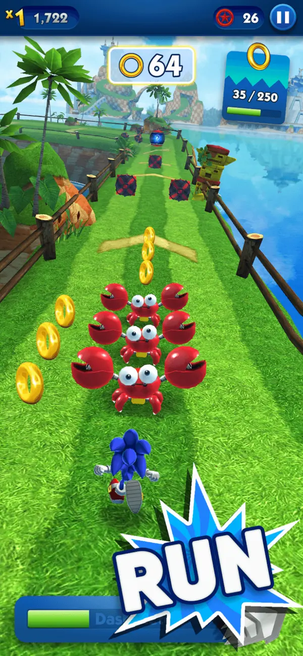 Bạn sẽ phải thu thập thật nhiều vòng vàng và vượt chướng ngại vật trong Game Sonic Dash